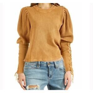 Free People FP One Tasha Thermal Waffle Knit Top Lace Up Cuff Long Slv Sz XS